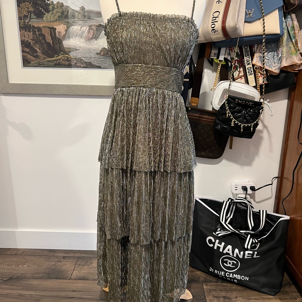 Wander Strapless Metallic Tiered Dress